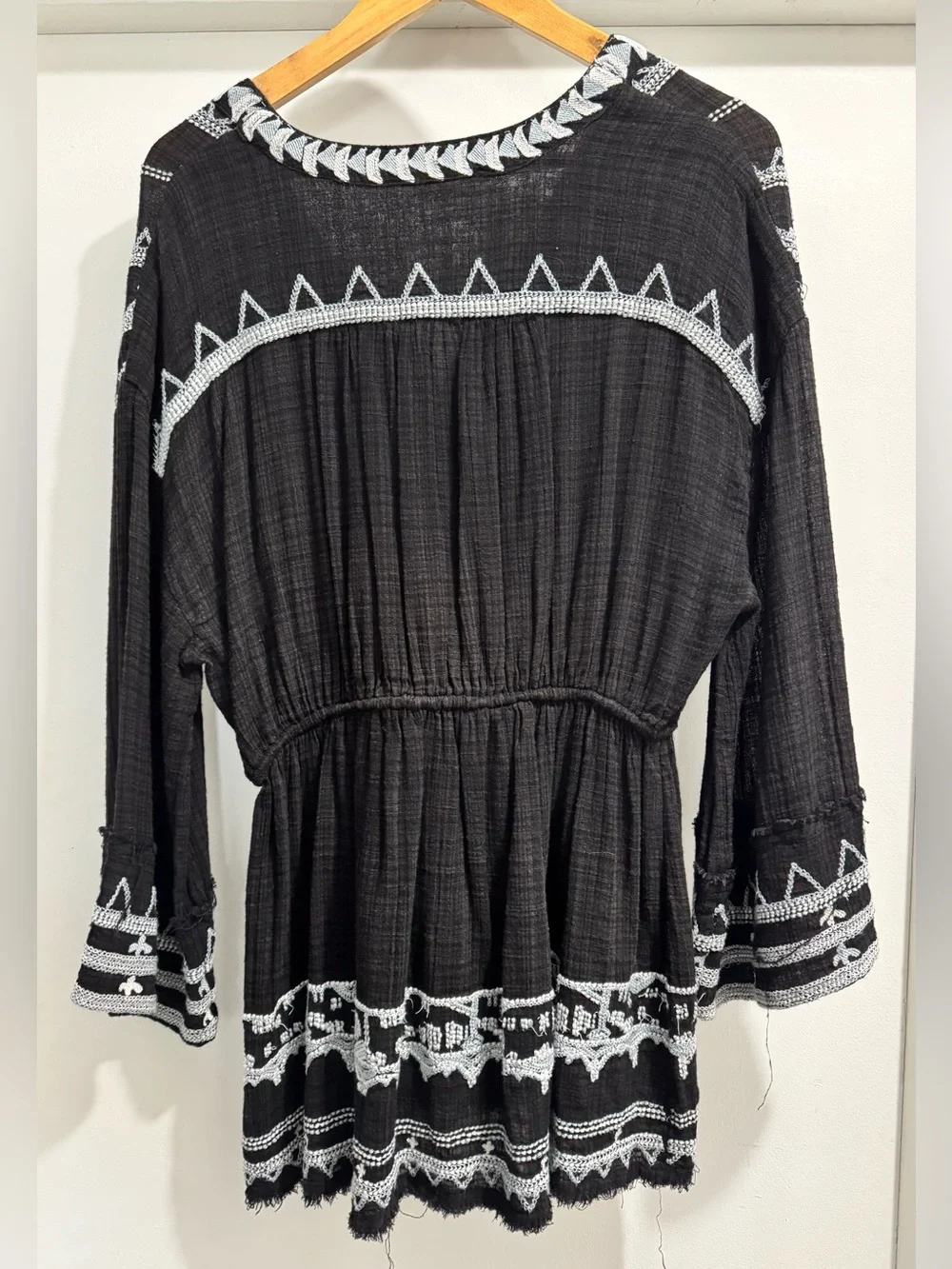 Free People Black Tunic with White and Blue Embroidered Trim